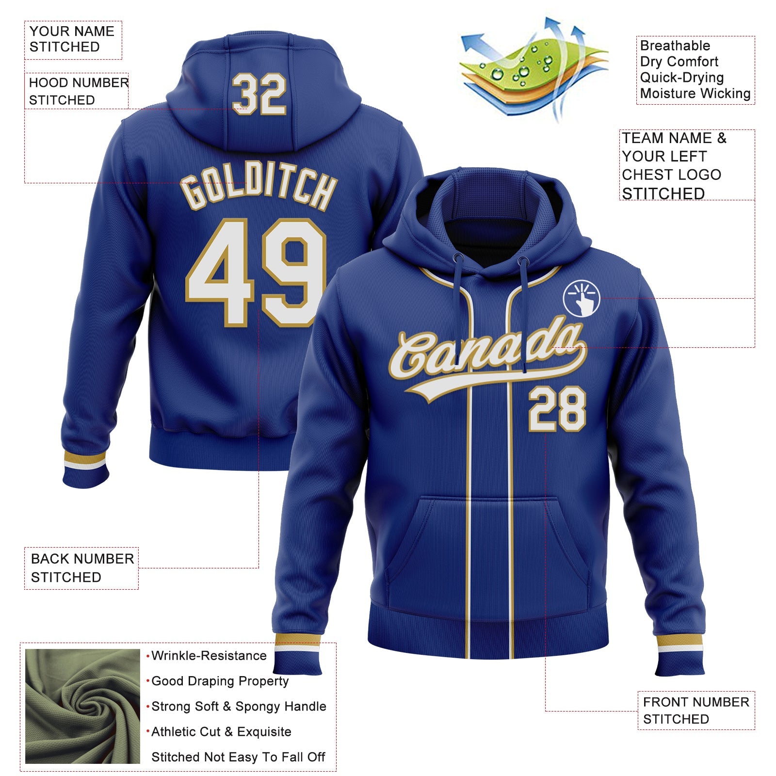 Custom Stitched Royal White-Old Gold Baseball Pullover Sweatshirt Hoodie view 2