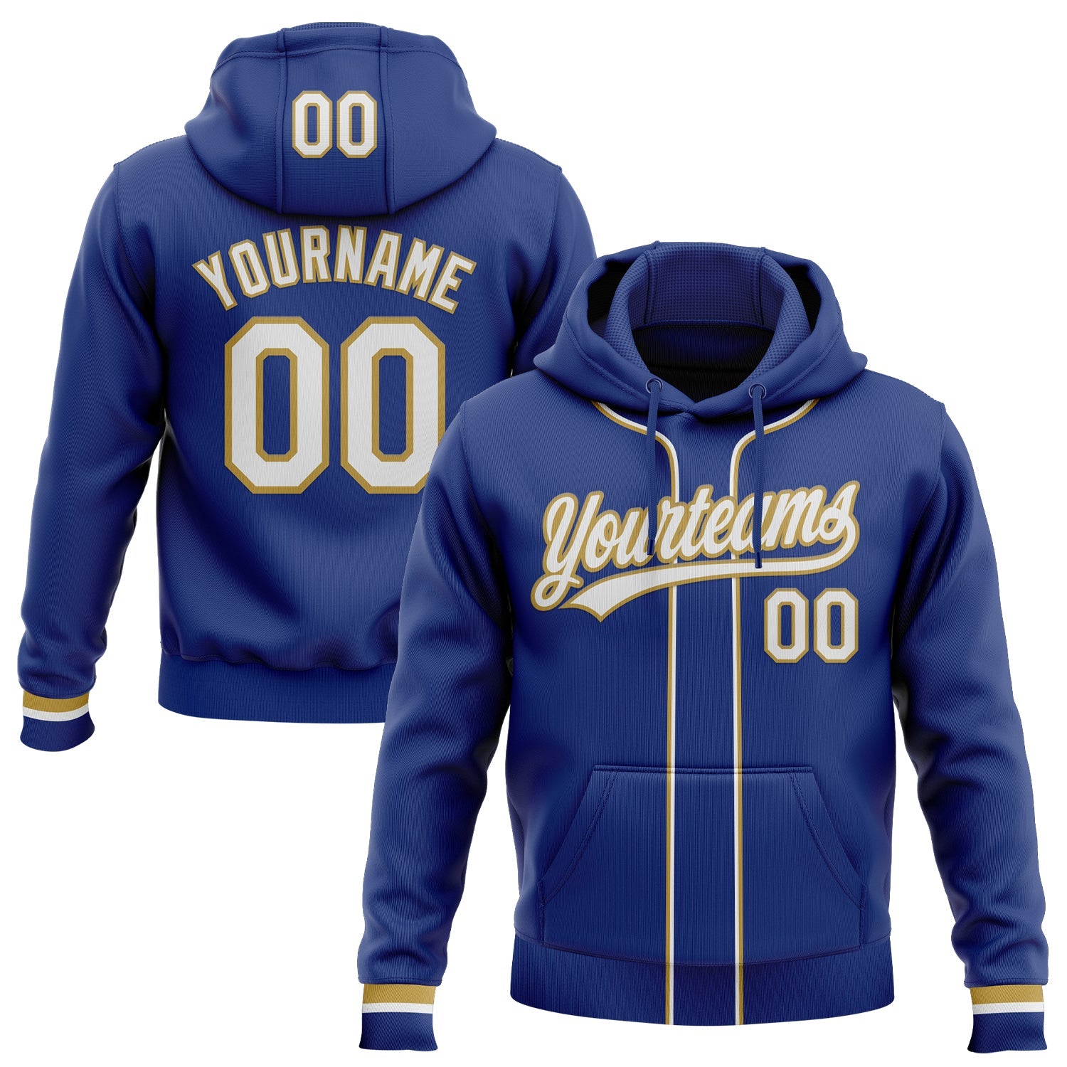 Custom Stitched Royal White-Old Gold Baseball Pullover Sweatshirt Hoodie - Main View
