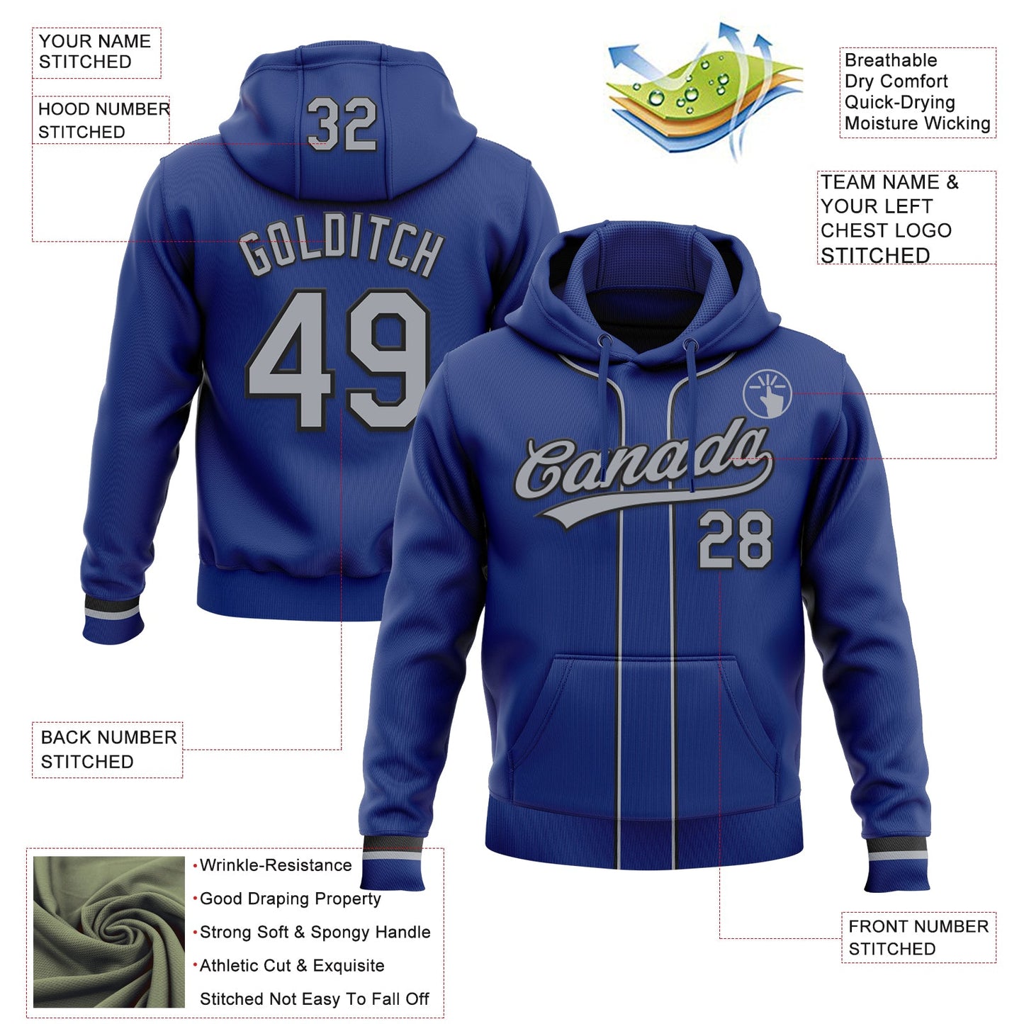 Custom Stitched Royal Gray-Black Baseball Pullover Sweatshirt Hoodie view 2