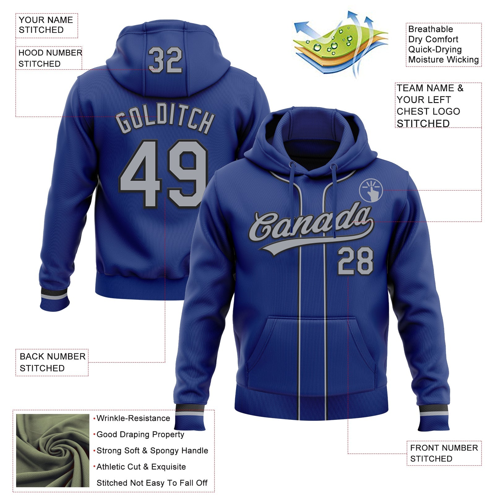 Custom Stitched Royal Gray-Black Baseball Pullover Sweatshirt Hoodie view 2