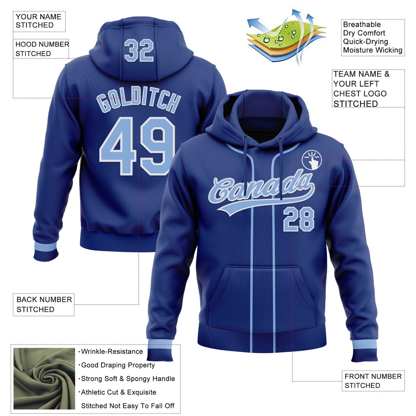 Custom Stitched Royal Light Blue-White Baseball Pullover Sweatshirt Hoodie view 2