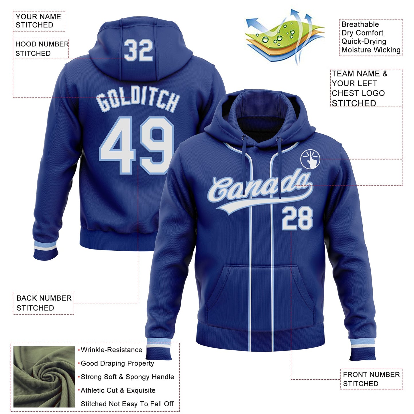Custom Stitched Royal White-Light Blue Baseball Pullover Sweatshirt Hoodie view 2