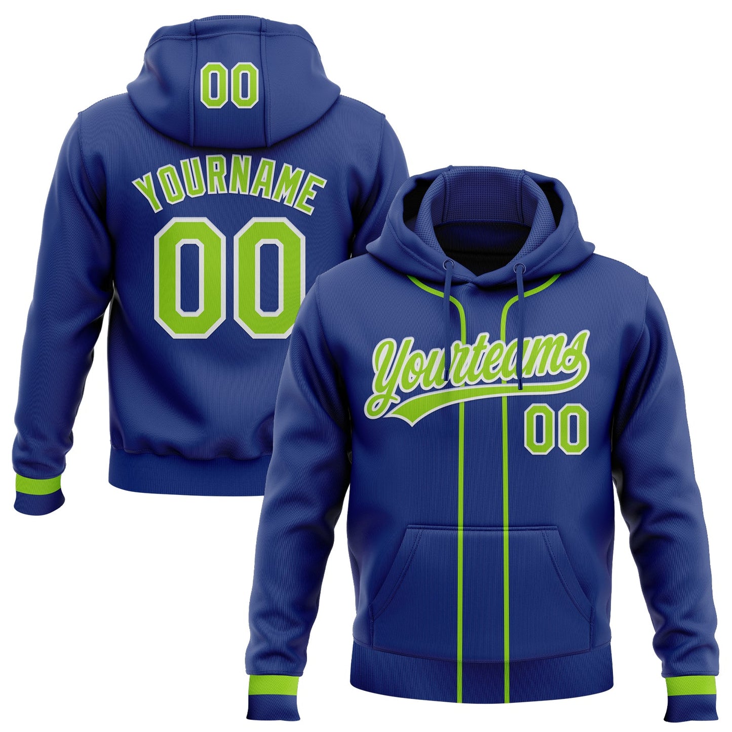 Custom Stitched Royal Neon Green-White Baseball Pullover Sweatshirt Hoodie - Main View