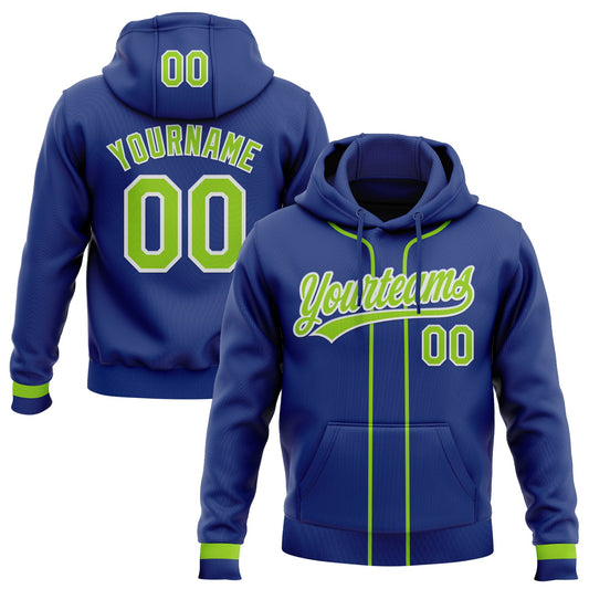 Custom Stitched Royal Neon Green-White Baseball Pullover Sweatshirt Hoodie - Main View