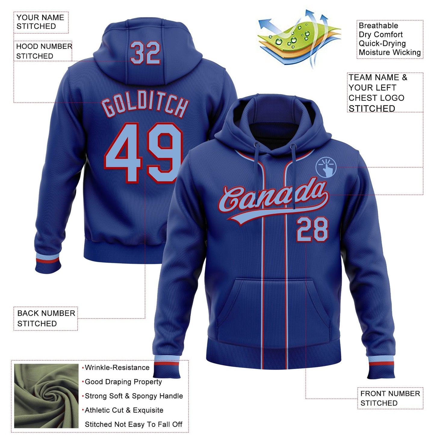 Custom Stitched Royal Light Blue-Red Baseball Pullover Sweatshirt Hoodie view 2