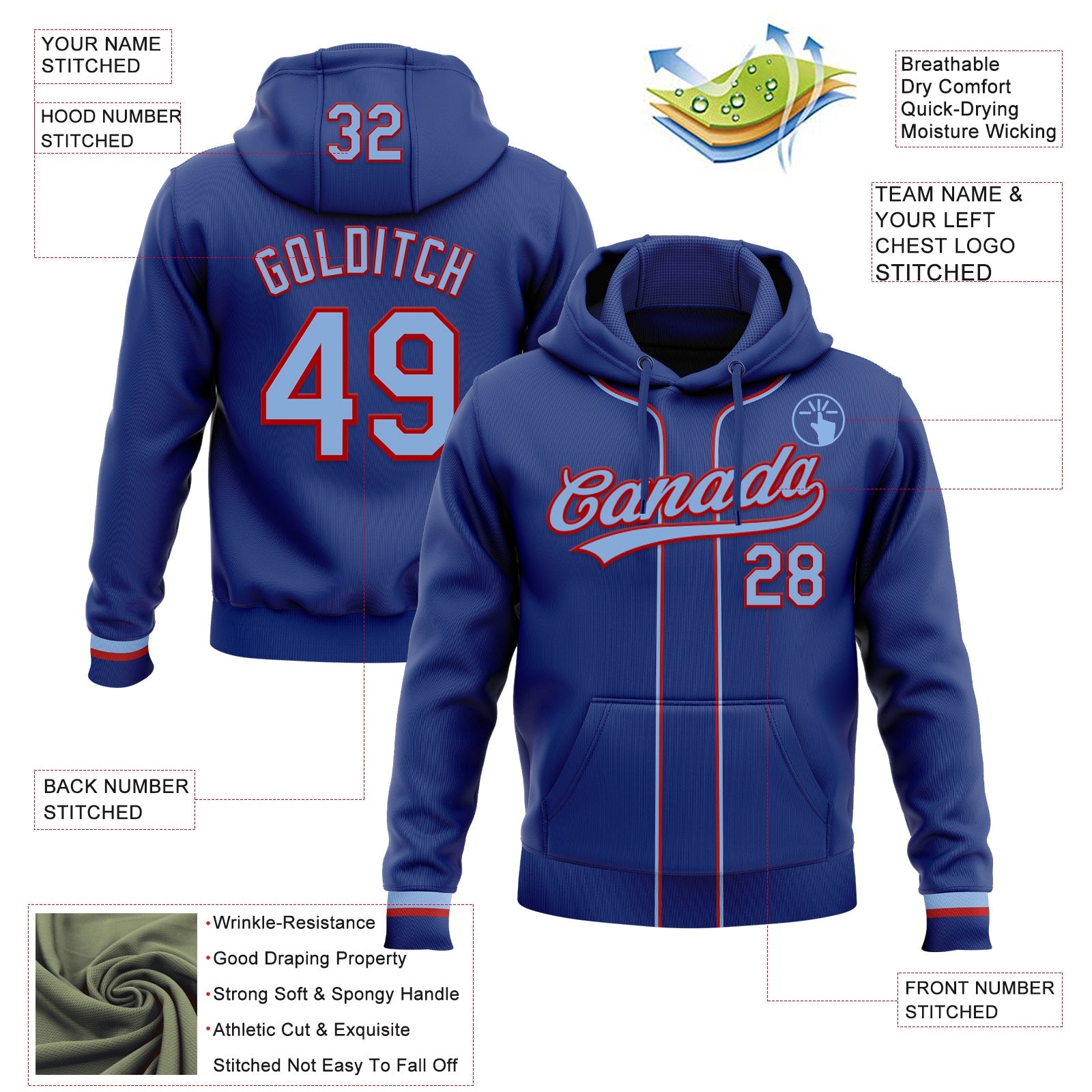 Custom Stitched Royal Light Blue-Red Baseball Pullover Sweatshirt Hoodie view 2