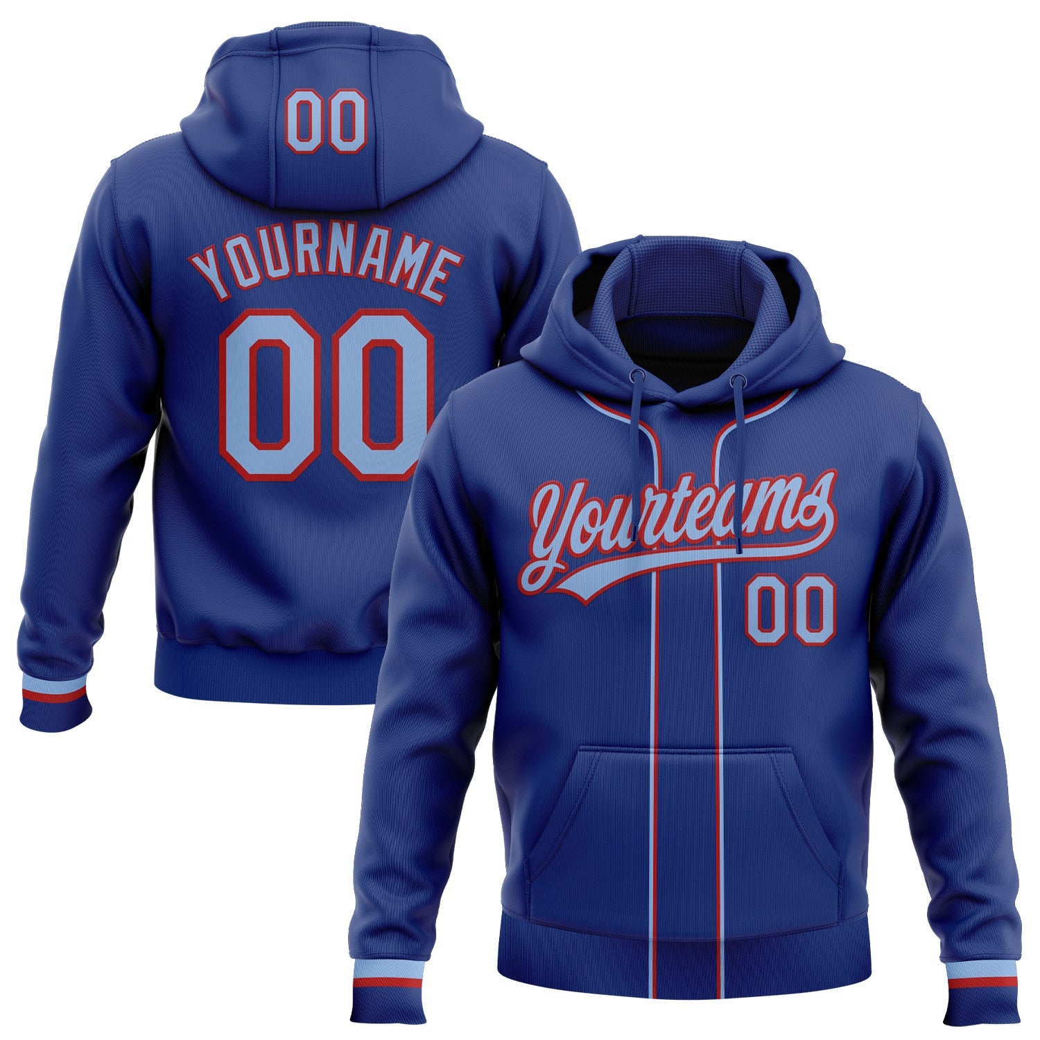 Custom Stitched Royal Light Blue-Red Baseball Pullover Sweatshirt Hoodie - Main View