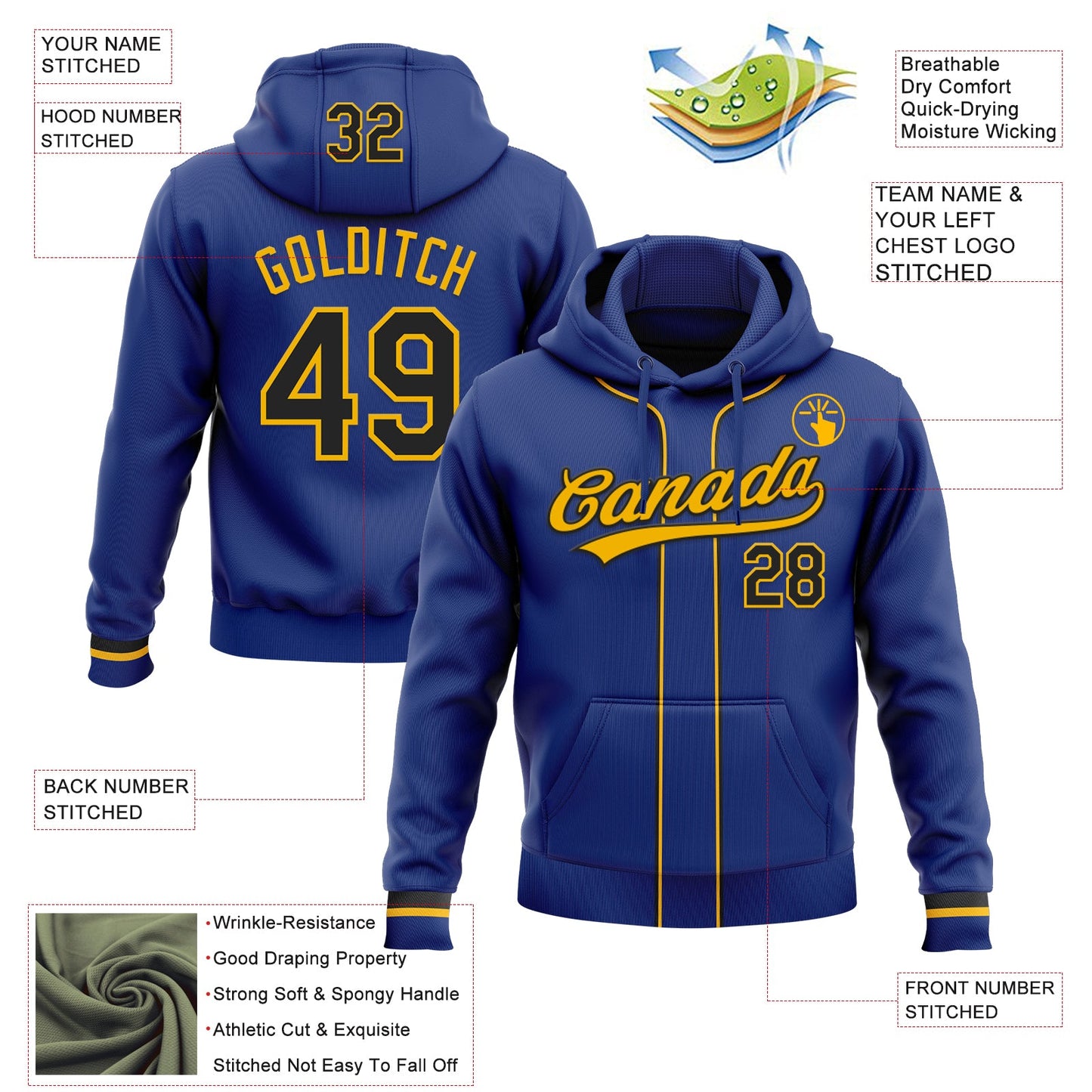 Custom Stitched Royal Black-Gold Baseball Pullover Sweatshirt Hoodie view 2
