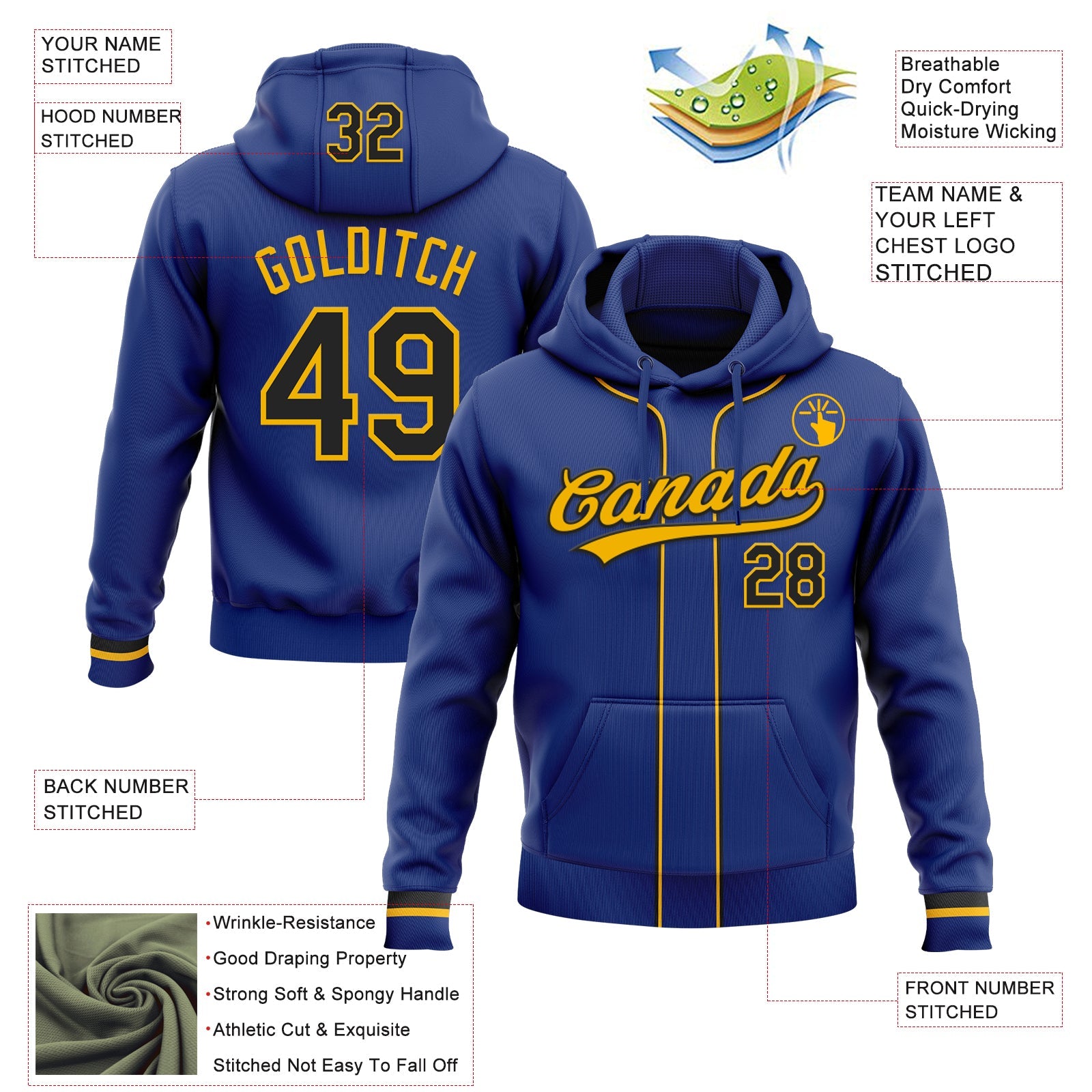 Custom Stitched Royal Black-Gold Baseball Pullover Sweatshirt Hoodie view 2
