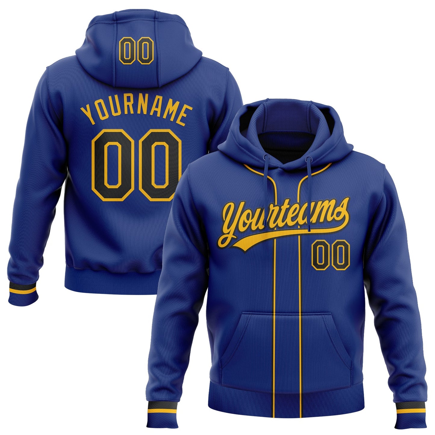 Custom Stitched Royal Black-Gold Baseball Pullover Sweatshirt Hoodie - Main View