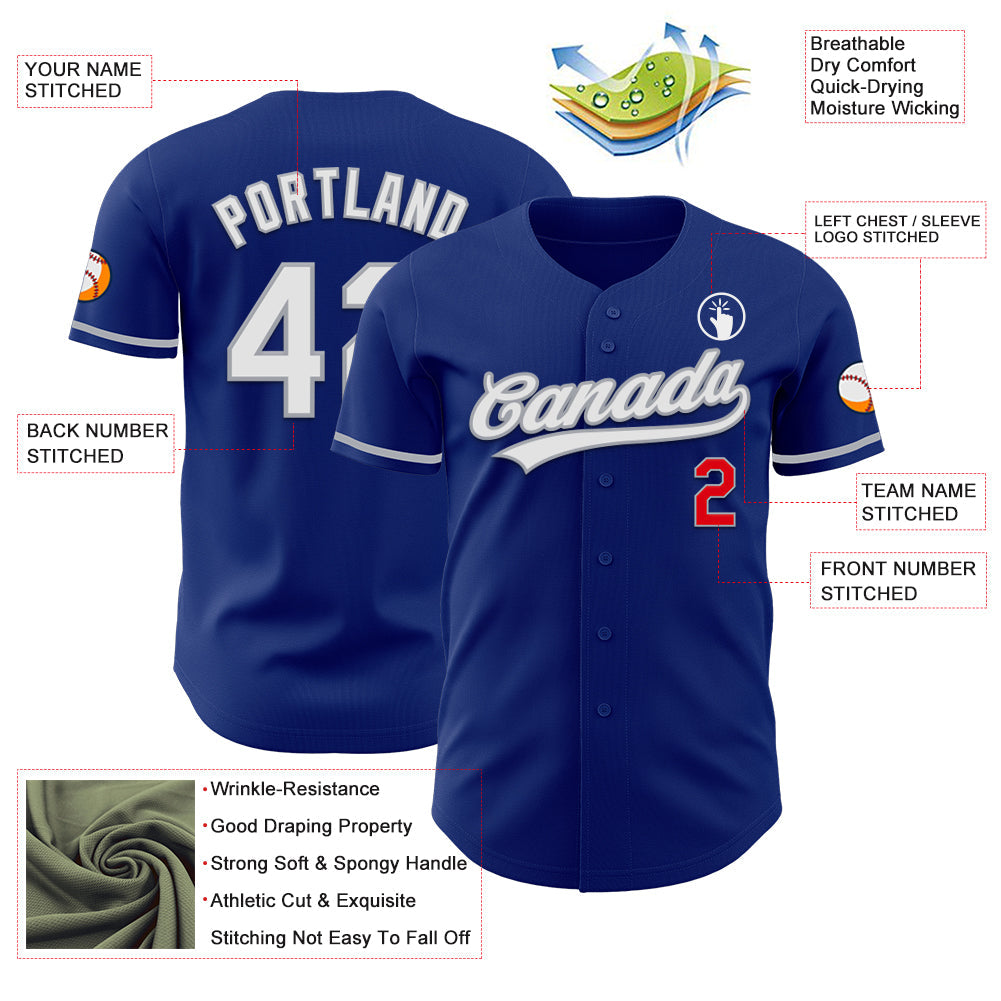 Custom Royal Fire Red White-Gray Authentic Baseball Jersey view 3