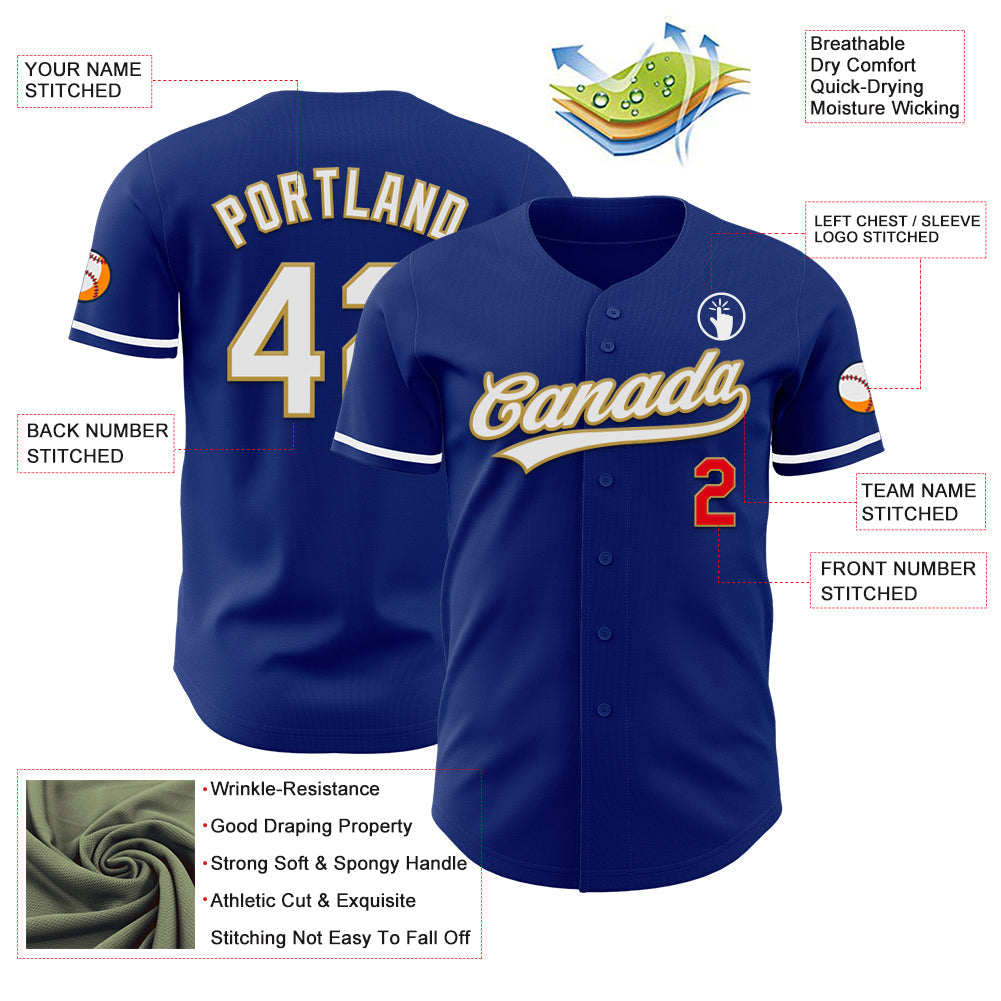 Custom Royal Fire Red White-Old Gold Authentic Baseball Jersey view 3