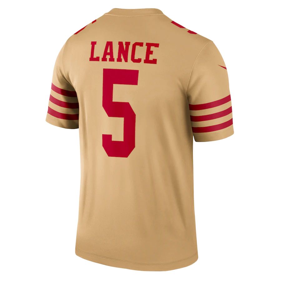 SF.49ers #5 Trey Lance Gold Inverted Legend Jersey Stitched American Football Jersey - Main View