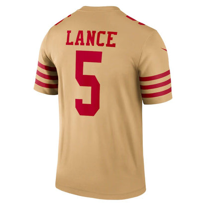 SF.49ers #5 Trey Lance Gold Inverted Legend Jersey Stitched American Football Jersey - Main View