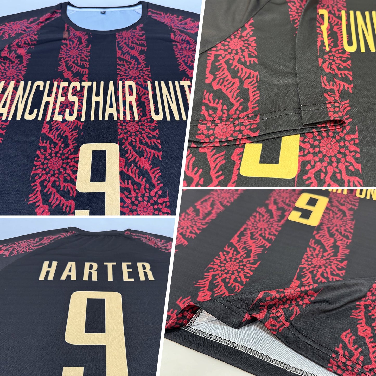 Custom Black Vegas Gold-Red Sublimation Soccer Uniform Jersey view 5