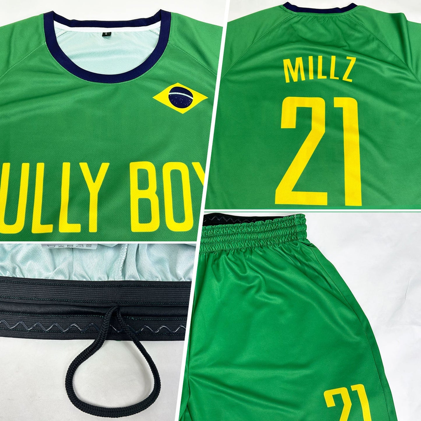 Custom Neon Green Gold-Royal Sublimation Brazilian Flag Soccer Uniform Jersey view 5