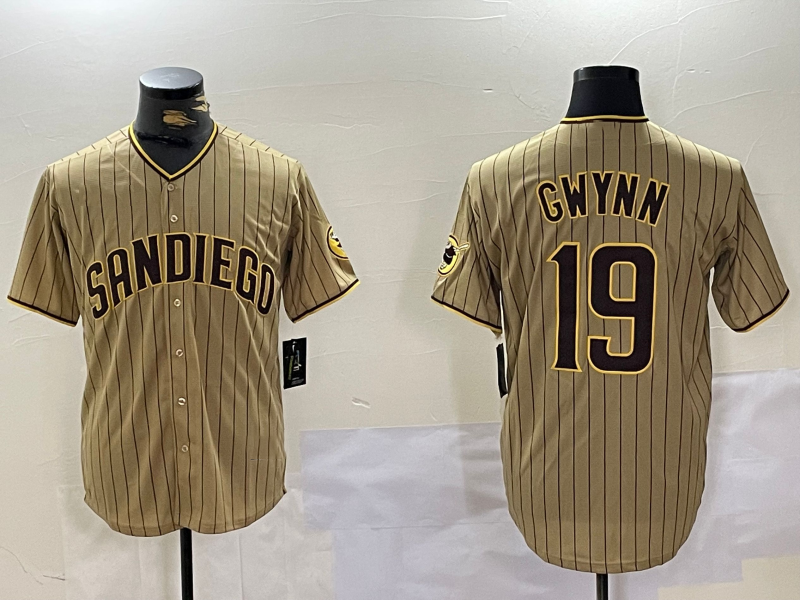 San Diego Padres #19 Tony Gwynn Khaki Team Logo Cool Base Stitched Baseball Jersey - Main View