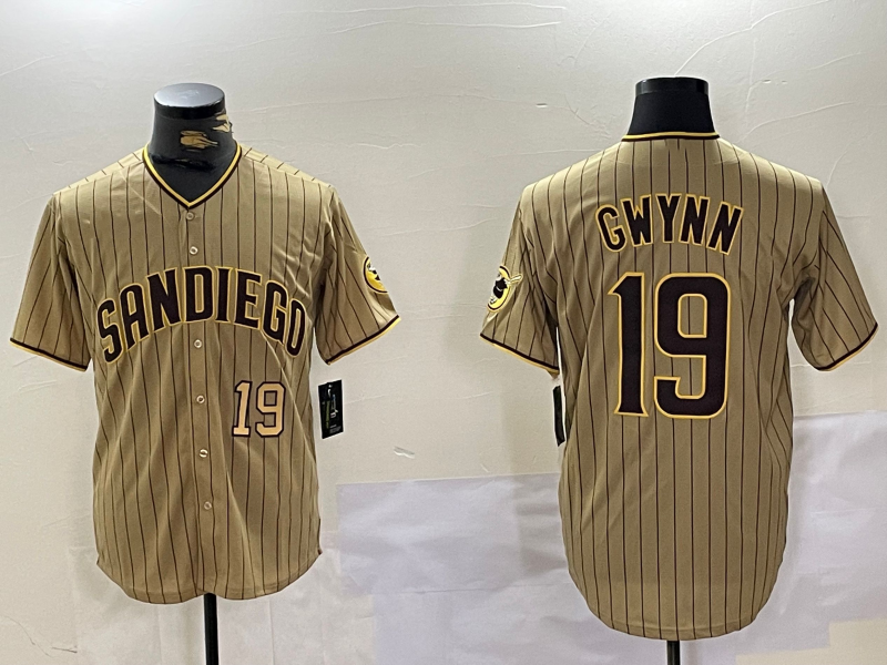 San Diego Padres #19 Tony Gwynn Khaki Team Logo Cool Base Stitched Baseball Jersey - Main View