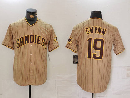 San Diego Padres #19 Tony Gwynn Khaki Team Logo Stitched Cool Base Baseball Jersey - Main View