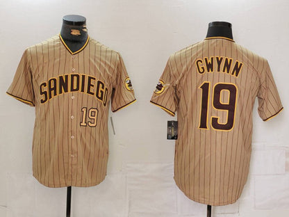San Diego Padres #19 Tony Gwynn Khaki Team Logo Stitched Cool Base Baseball Jersey - Main View