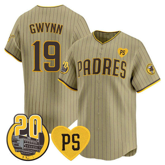 San Diego Padres #19 Tony Gwynn Tan 'For Peter' And Petco Park 20th Patch Limited Stitched Baseball Jersey - Main View