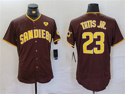 San Diego Padres #23 Fernando Tatis Jr. Brown With PS Patch Flex Base Stitched Baseball Jersey - Main View