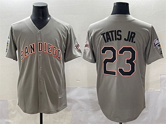 San Diego Padres #23 Fernando Tatis Jr. Gray Fashion Throwback With Patch Cool Base Stitched Baseball Jersey - Main View