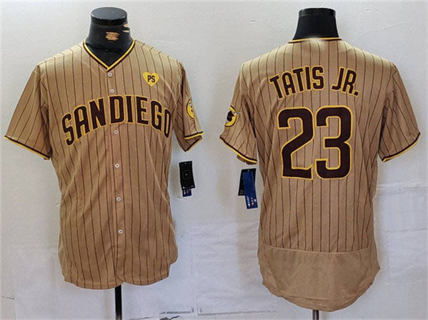 San Diego Padres #23 Fernando Tatis Jr. Tan With PS Patch Flex Base Stitched Baseball Jersey - Main View