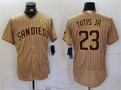 San Diego Padres #23 Fernando Tatis Jr. Tan With PS Patch Flex Base Stitched Baseball Jersey - Main View