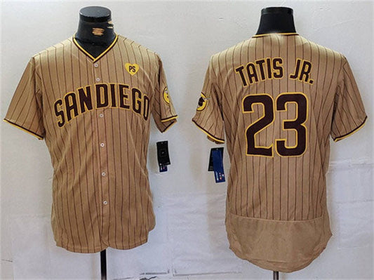 San Diego Padres #23 Fernando Tatis Jr. Tan With PS Patch Flex Base Stitched Baseball Jersey - Main View