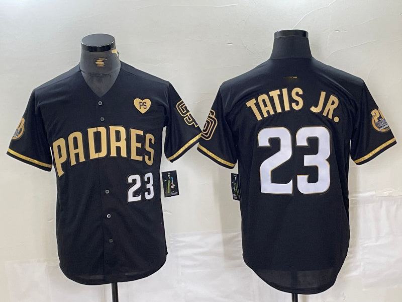 San Diego Padres #23 Fernando Tatis Jr Black Gold With Patch Cool Base Stitched Baseball Jersey - Main View