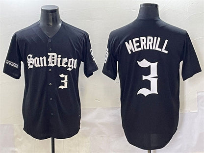 San Diego Padres #3 Jackson Merrill Black Gothic Edition Vapor Limited Stitched Baseball Jersey - Main View