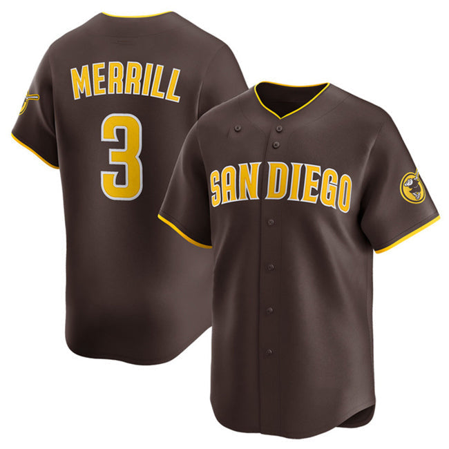 San Diego Padres #3 Jackson Merrill Brown 2024 Away Limited Stitched Baseball Jersey - Main View