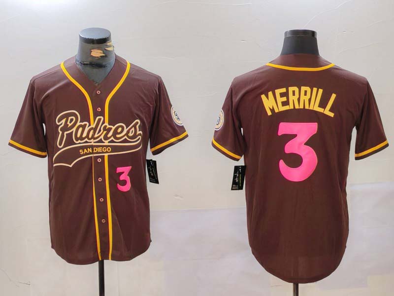 San Diego Padres #3 Jackson Merrill Brown Cool Base Stitched Baseball Jersey - Main View