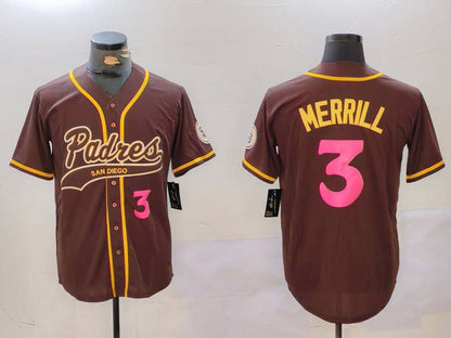 San Diego Padres #3 Jackson Merrill Brown Cool Base Stitched Baseball Jersey - Main View