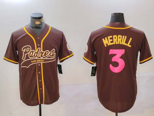 San Diego Padres #3 Jackson Merrill Brown Cool Base Stitched Baseball Jersey - Main View