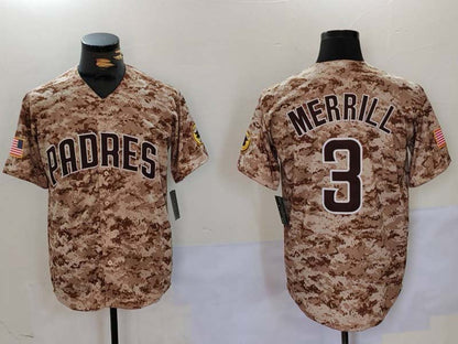 San Diego Padres #3 Jackson Merrill Camo Cool Base Stitched Baseball Jersey - Main View