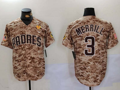 San Diego Padres #3 Jackson Merrill Camo With PS Patch Cool Base Stitched Baseball Jersey - Main View