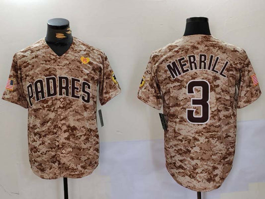 San Diego Padres #3 Jackson Merrill Camo With PS Patch Cool Base Stitched Baseball Jersey - Main View