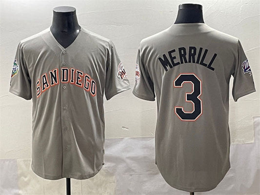 San Diego Padres #3 Jackson Merrill Gray Fashion Throwback With Patch Cool Base Stitched Baseball Jersey - Main View