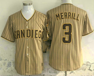 San Diego Padres #3 Jackson Merrill Khaki Pinstripe Limited Stitched Baseball Jersey - Main View