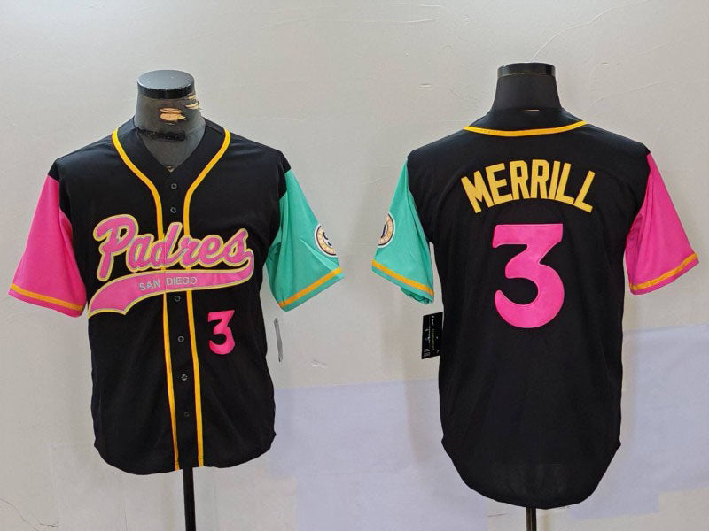 San Diego Padres #3 Jackson Merrill Number Black NEW 2023 City Connect Cool Base Stitched Baseball Jersey - Main View