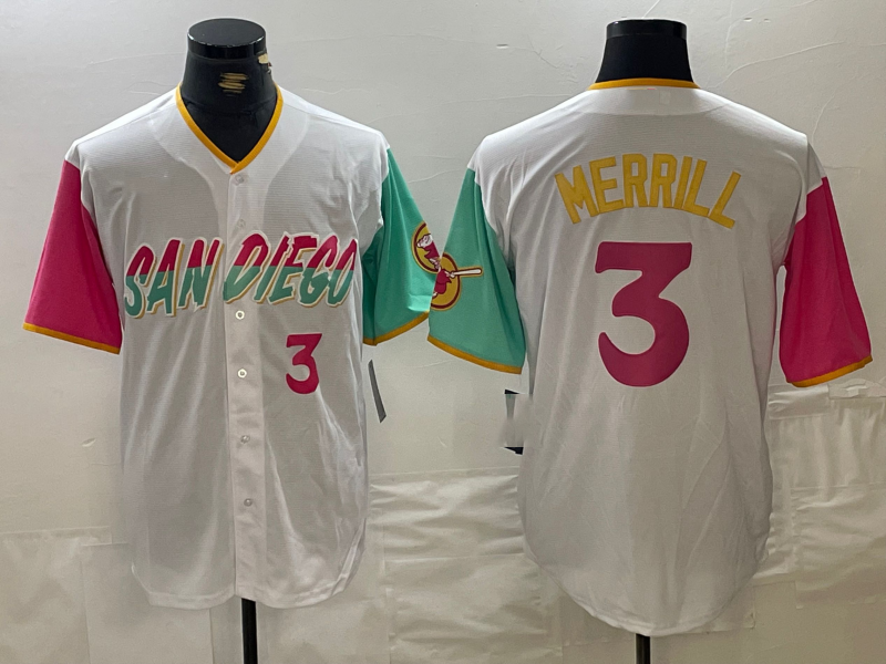 San Diego Padres #3 Jackson Merrill Number White 2023 City Connect Cool Base Stitched Baseball Jersey - Main View