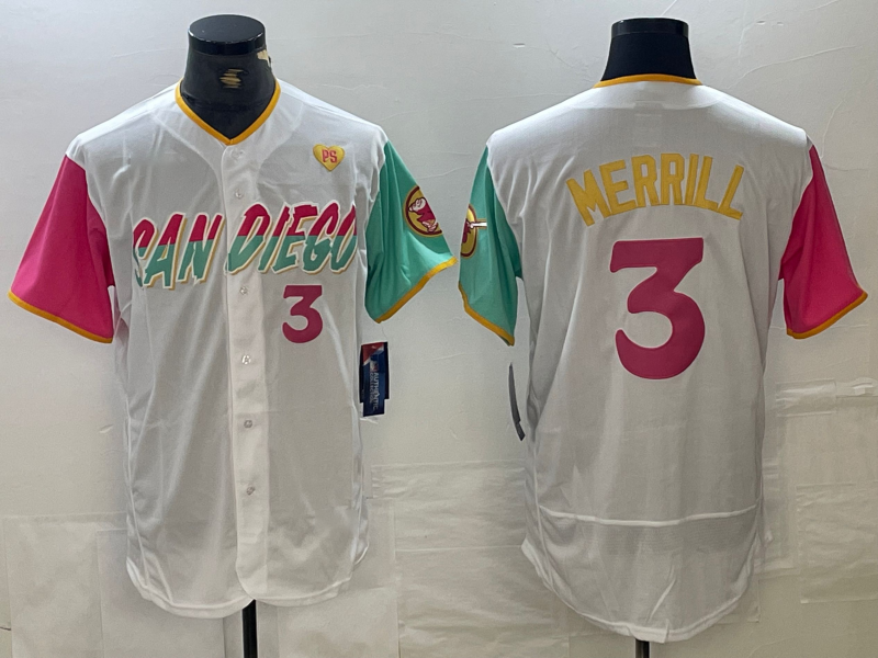 San Diego Padres #3 Jackson Merrill Number White Heart Patch 2024 City Connect Flex Base Stitched Baseball Jersey - Main View