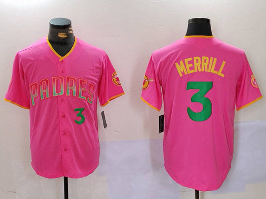 San Diego Padres #3 Jackson Merrill Pink Player Number Fashion Baseball Jersey - Main View