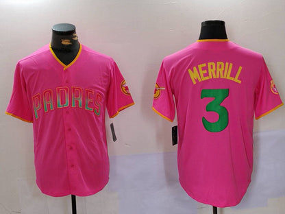 San Diego Padres #3 Jackson Merrill Pink Player Number Fashion Baseball Jersey - Main View