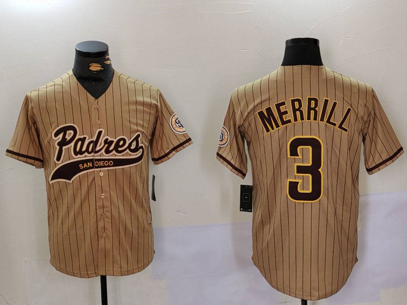San Diego Padres #3 Jackson Merrill Tan 2023 Cool Base Stitched Baseball Jersey - Main View