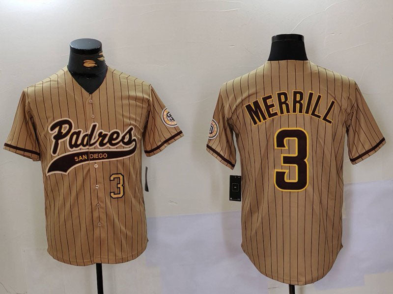 San Diego Padres #3 Jackson Merrill Tan 2023 Cool Base Stitched Baseball Jersey - Main View