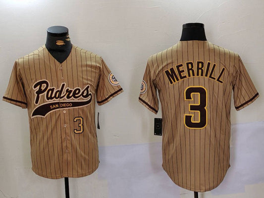 San Diego Padres #3 Jackson Merrill Tan 2023 Cool Base Stitched Baseball Jersey - Main View
