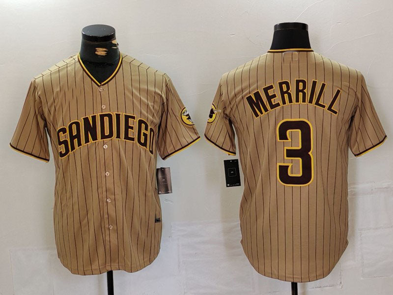 San Diego Padres #3 Jackson Merrill Tan NEW 2023 Cool Base Stitched Baseball Jersey - Main View